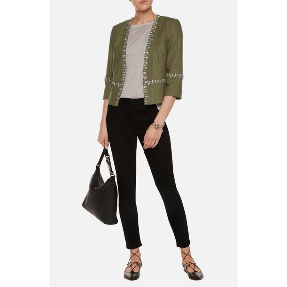 NEW! TORY BURCH Avery Hills Embellished Jacket Linen Blend Green SZ 4 - Picture 2 of 16